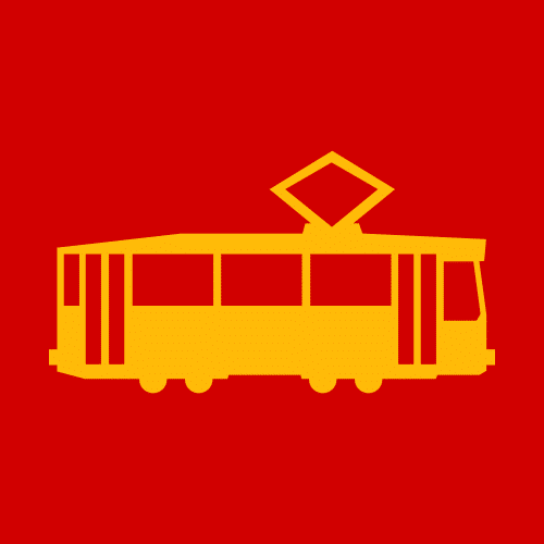 Żółty tramwaj na czerwonym tle. Favikona Vademecum przystanków w Warszawie